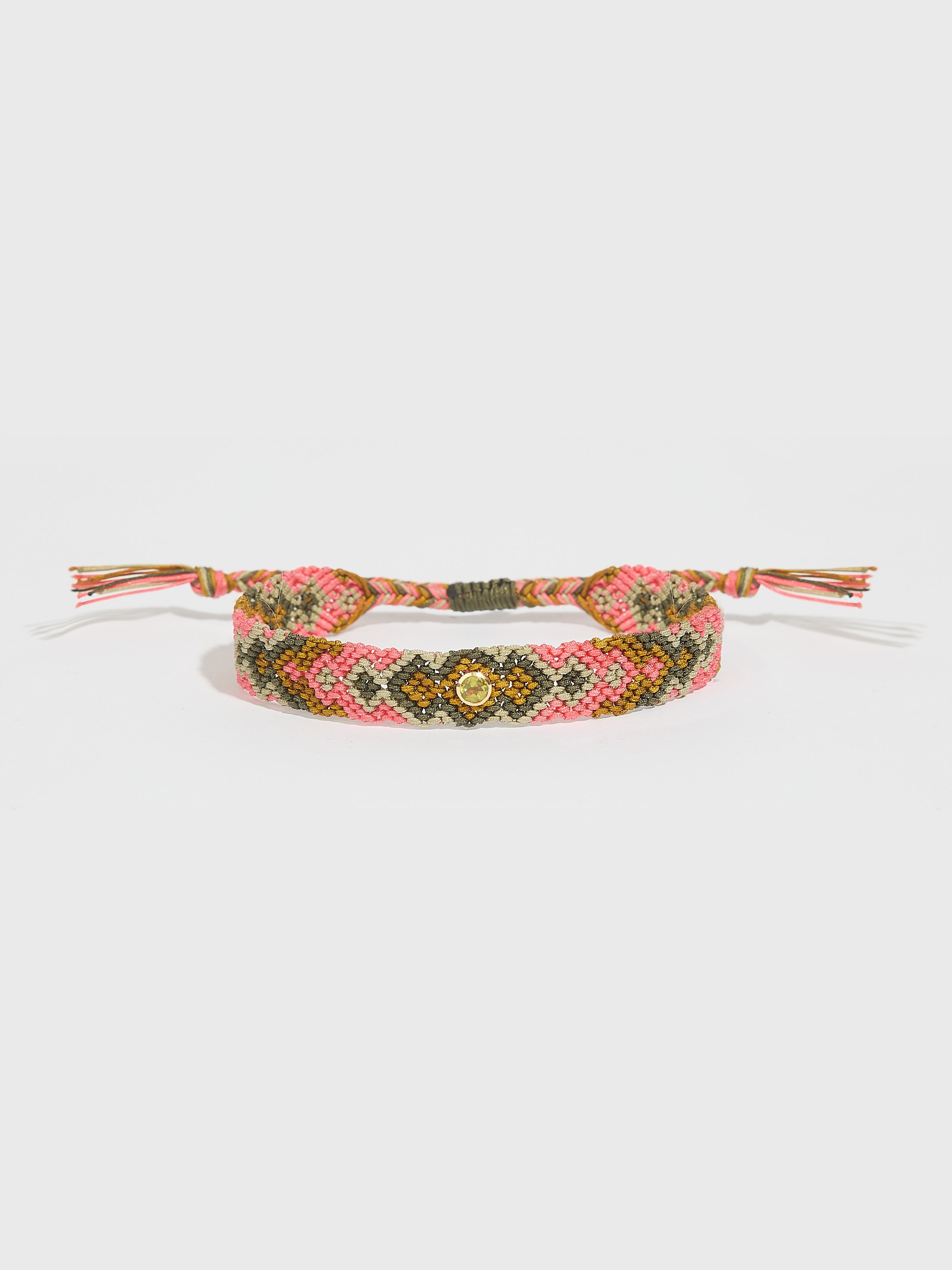 Bracelet Maya tissé nylon avec pierre fine citrine et or 14k - rose et kaki - Tamara Taichman