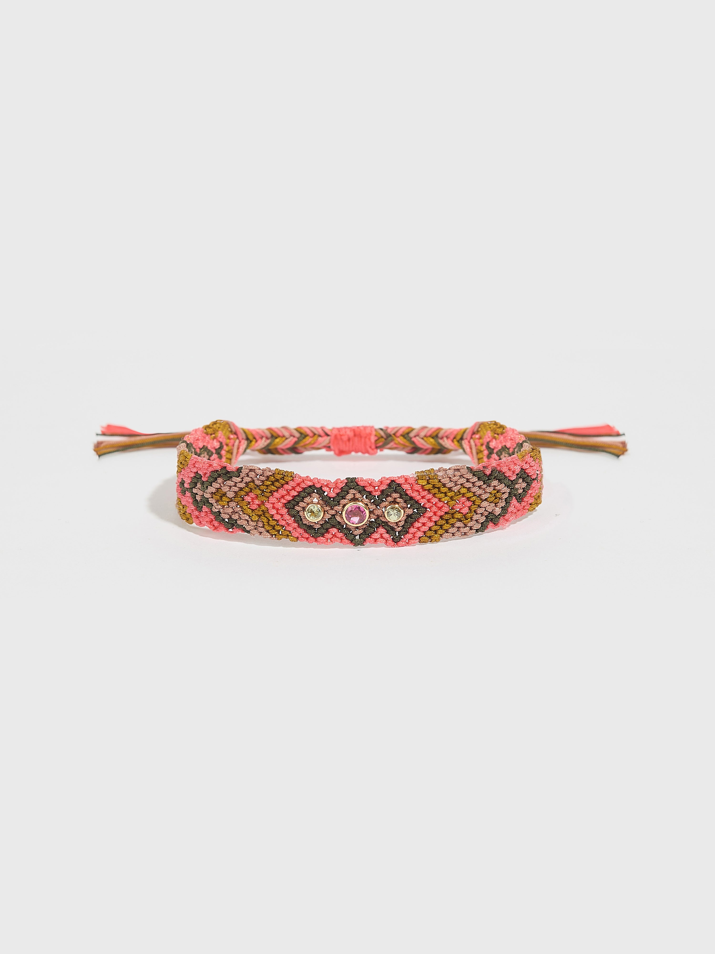 Bracelet Maya tissé nylon avec pierre fine tourmaline péridot et or 14k - rose - Tamara Taichman