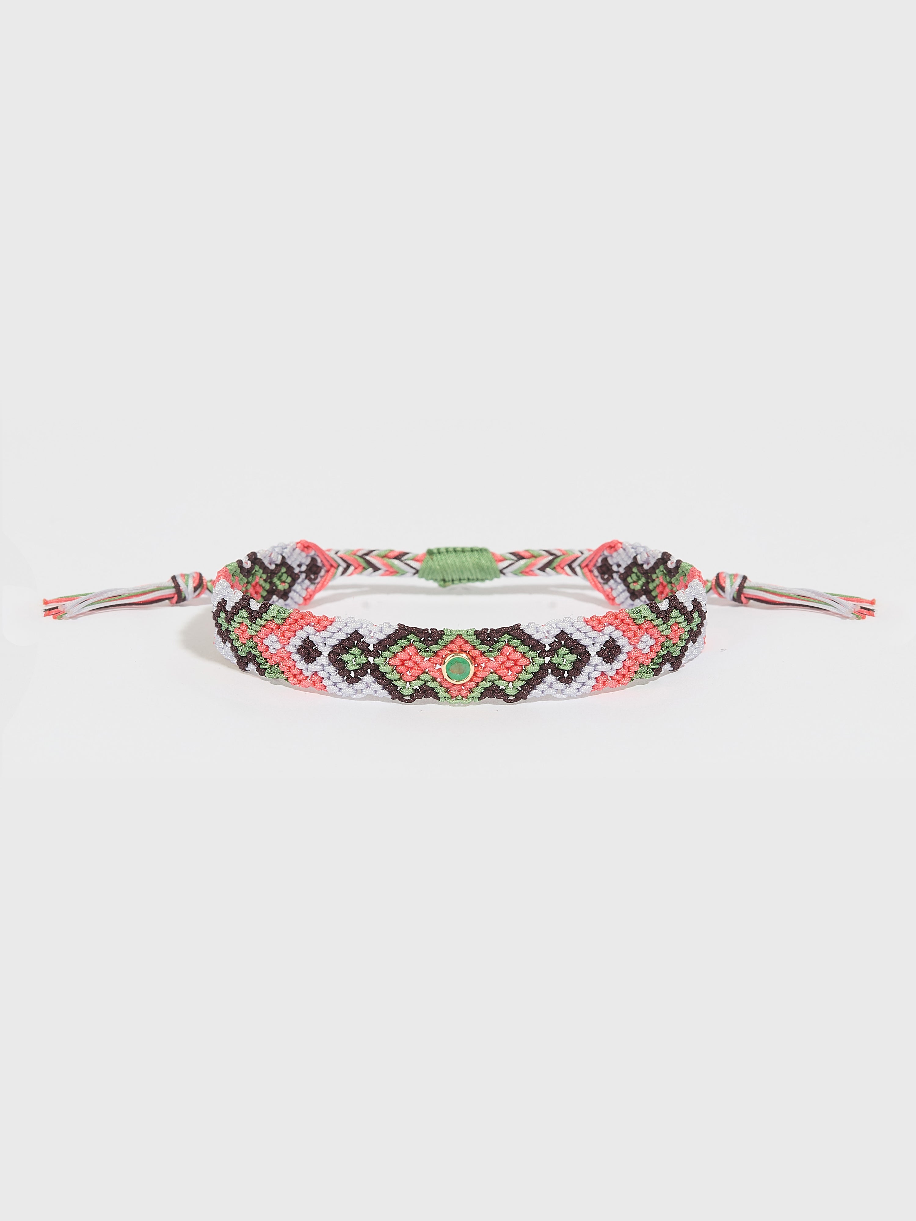 Bracelet Maya tissé nylon avec pierre précieuse émeraude et or 14k - rose et vert - Tamara Taichman
