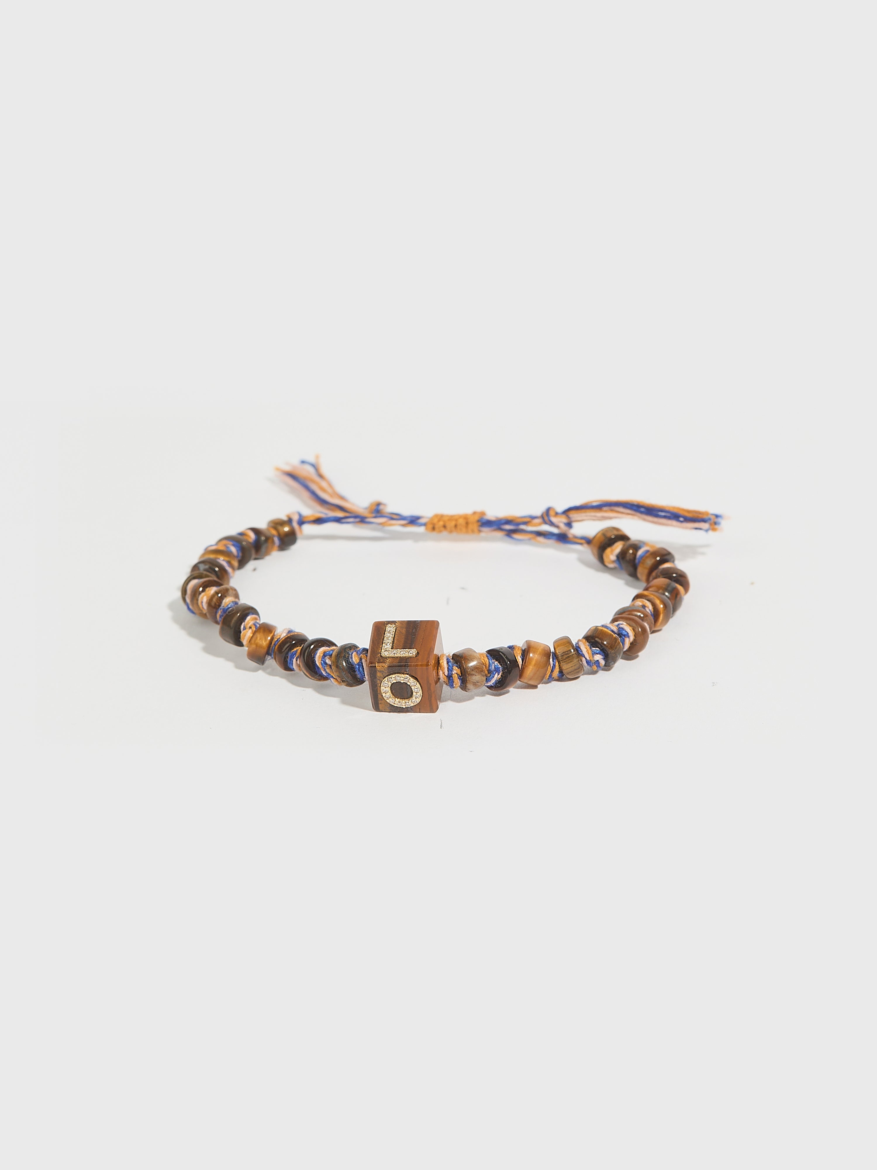 Bracelet Cubix Love cordon en coton, pierre fine oeil de tigre serti pierre précieuse diamant et or 9k - marron - Tamara Taichman