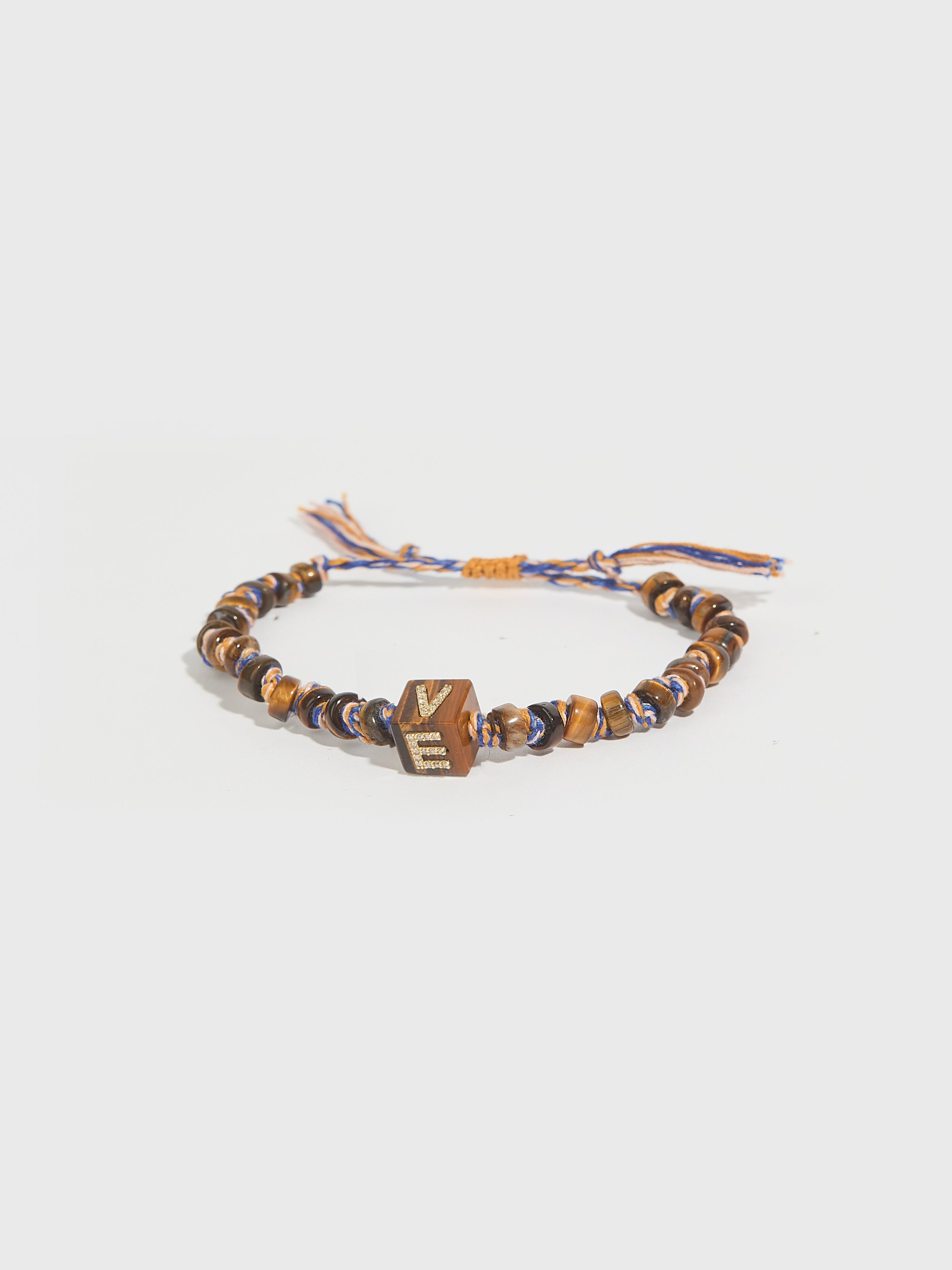Bracelet Cubix Love cordon en coton, pierre fine oeil de tigre serti pierre précieuse diamant et or 9k - marron - Tamara Taichman