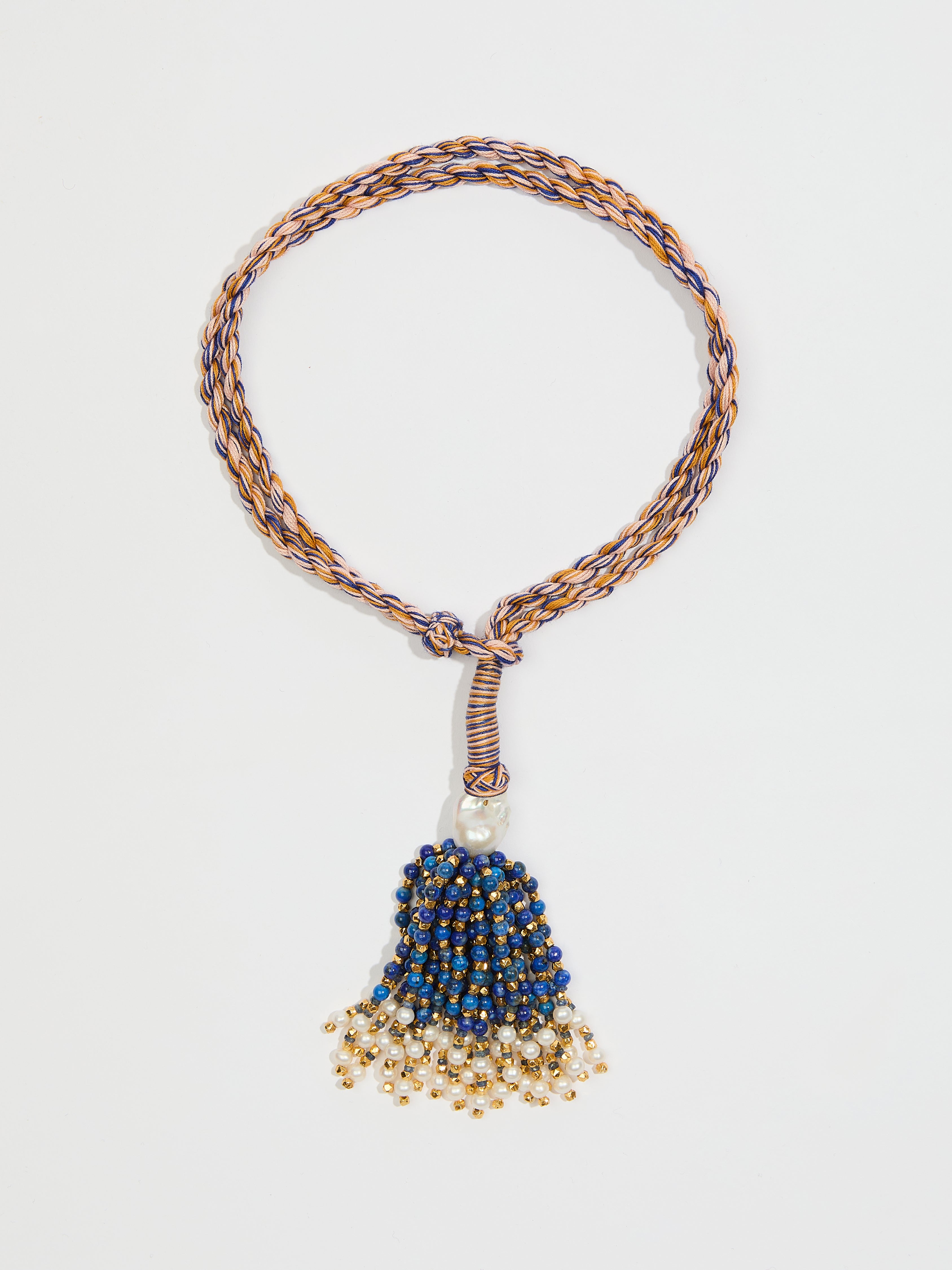 Collier sautoir Pompon en cordon coton perle fine lapis, perle de vermeil, perle d'eau douce et pierre précieuse saphir - bleu - Tamara Taichman