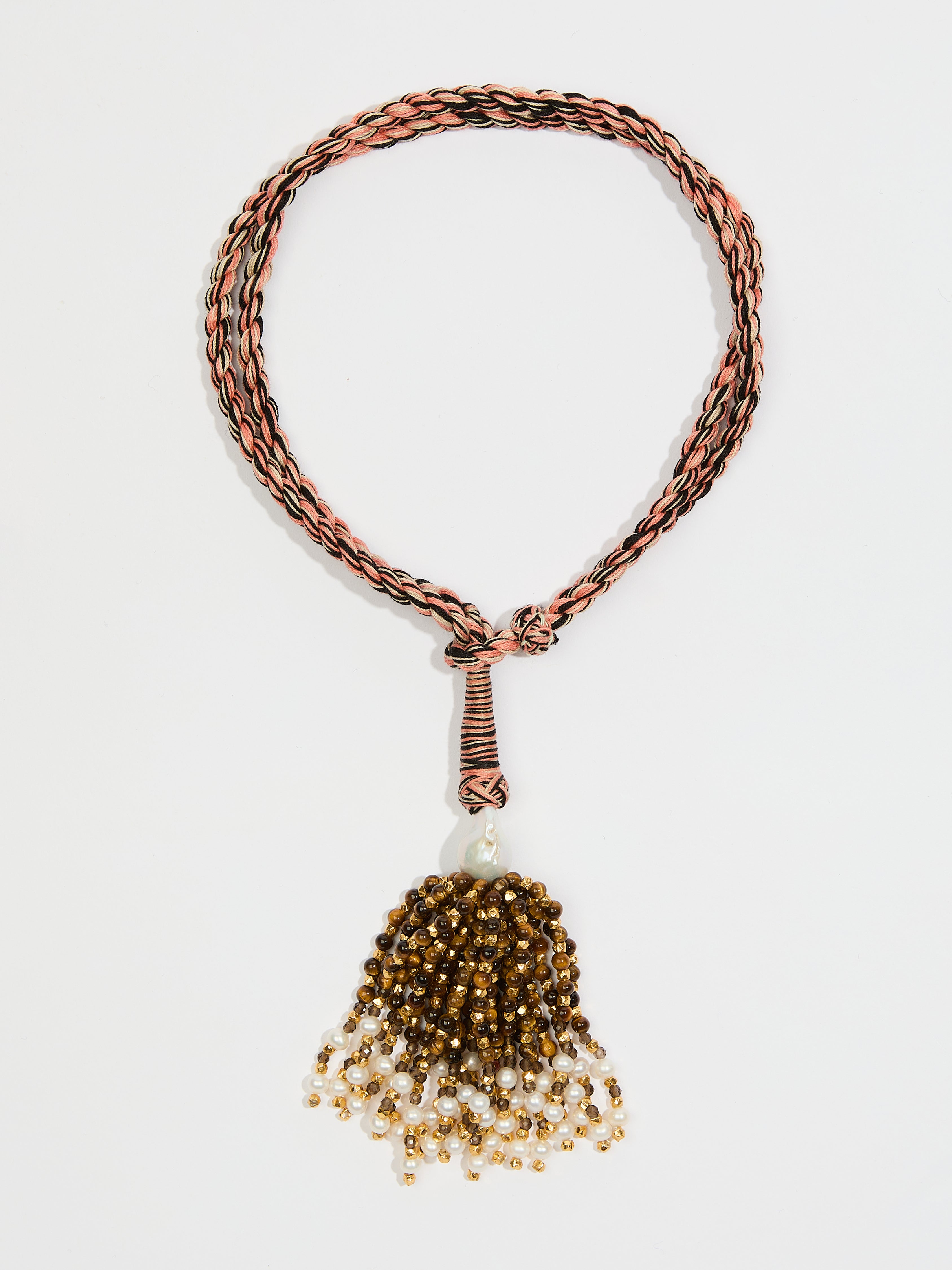 Collier sautoir Pompon en cordon coton perle fine oeil de tigre, perle de vermeil, perle d'eau douce - marron - Tamara Taichman