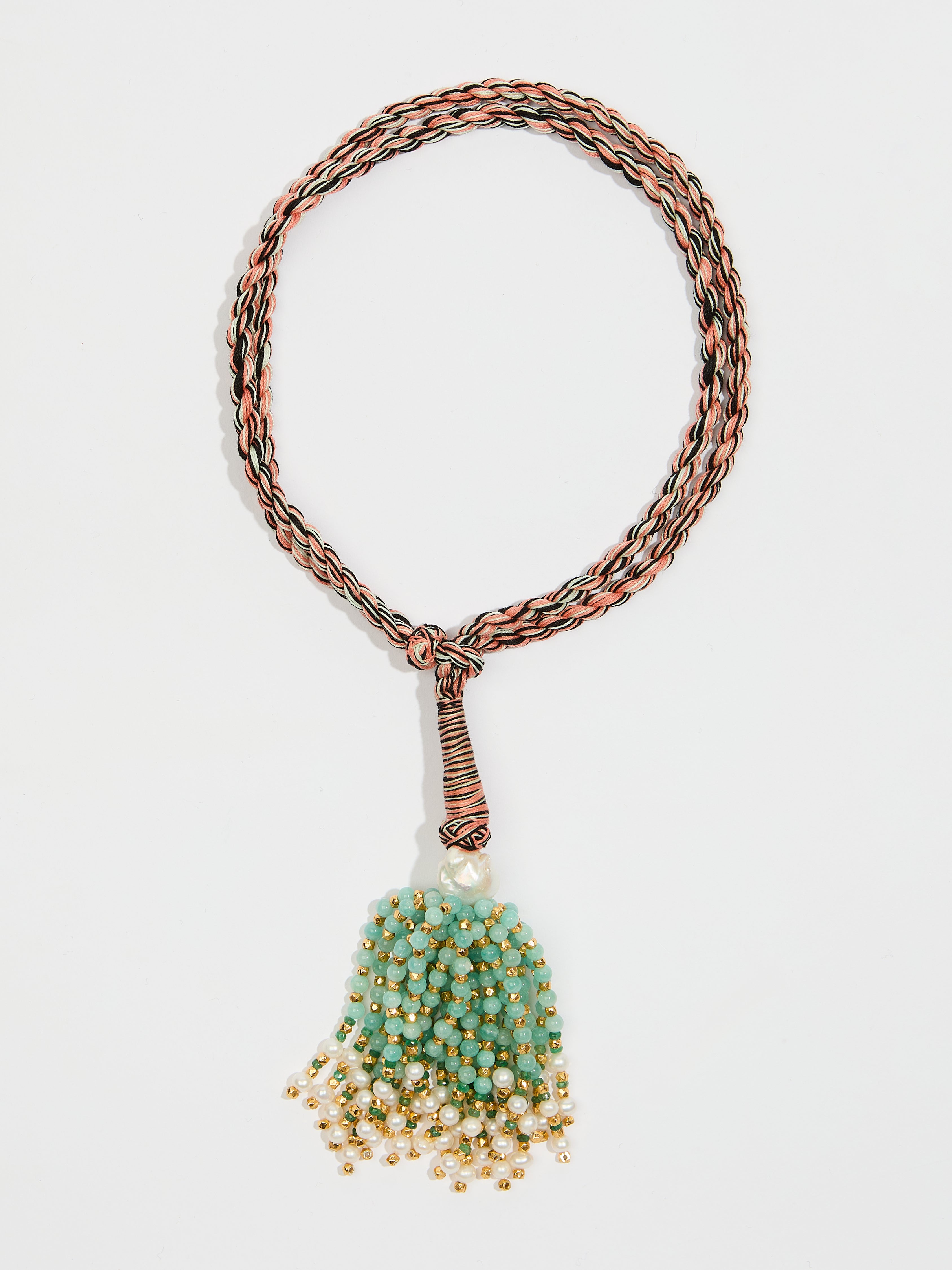 Collier sautoir Pompon en cordon coton perle fine amazonite, perle de vermeil, perle d'eau douce et pierre précieuse émeraude - vert - Tamara Taichman