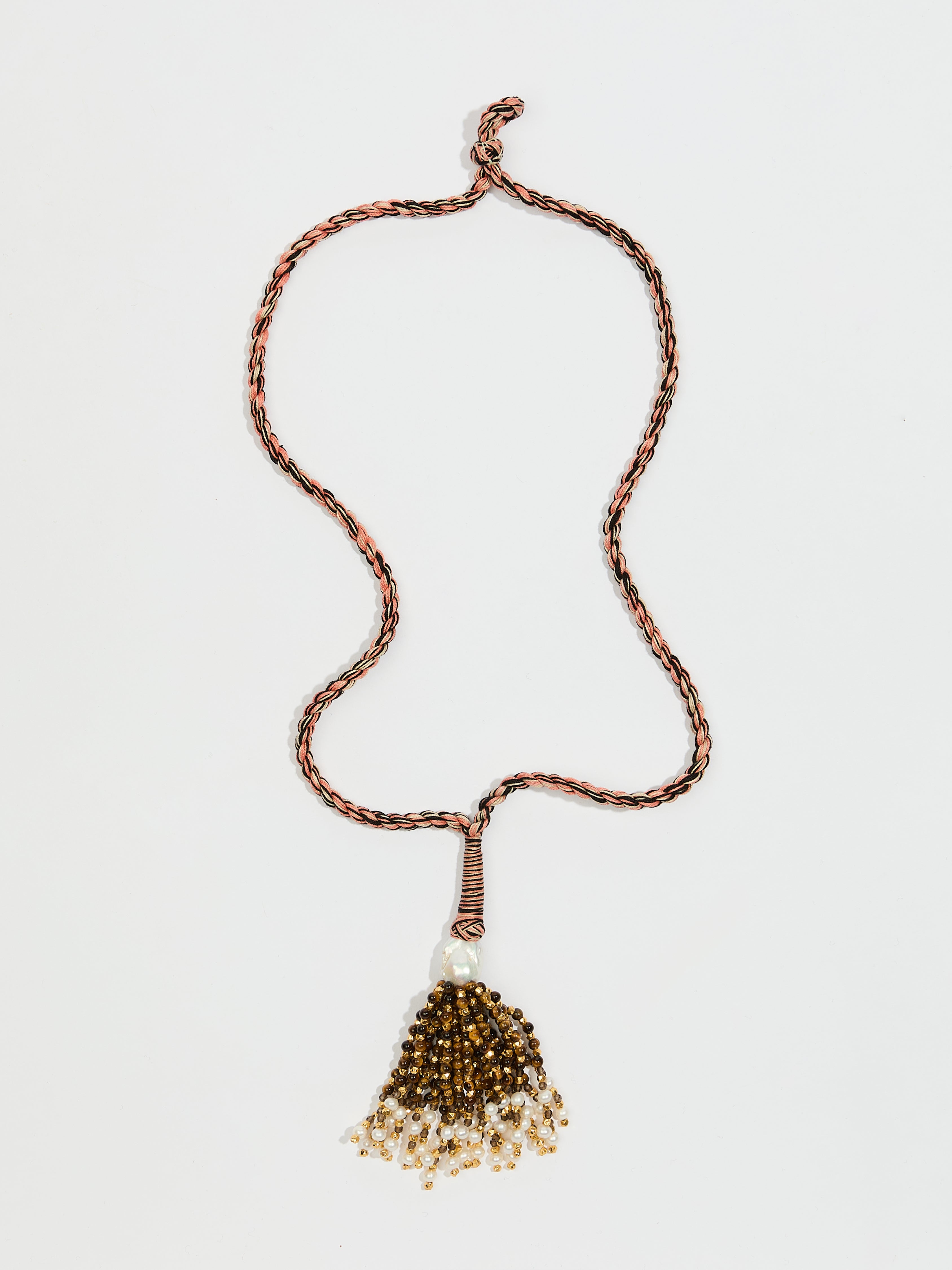 Collier sautoir Pompon en cordon coton perle fine oeil de tigre, perle de vermeil, perle d'eau douce - marron - Tamara Taichman