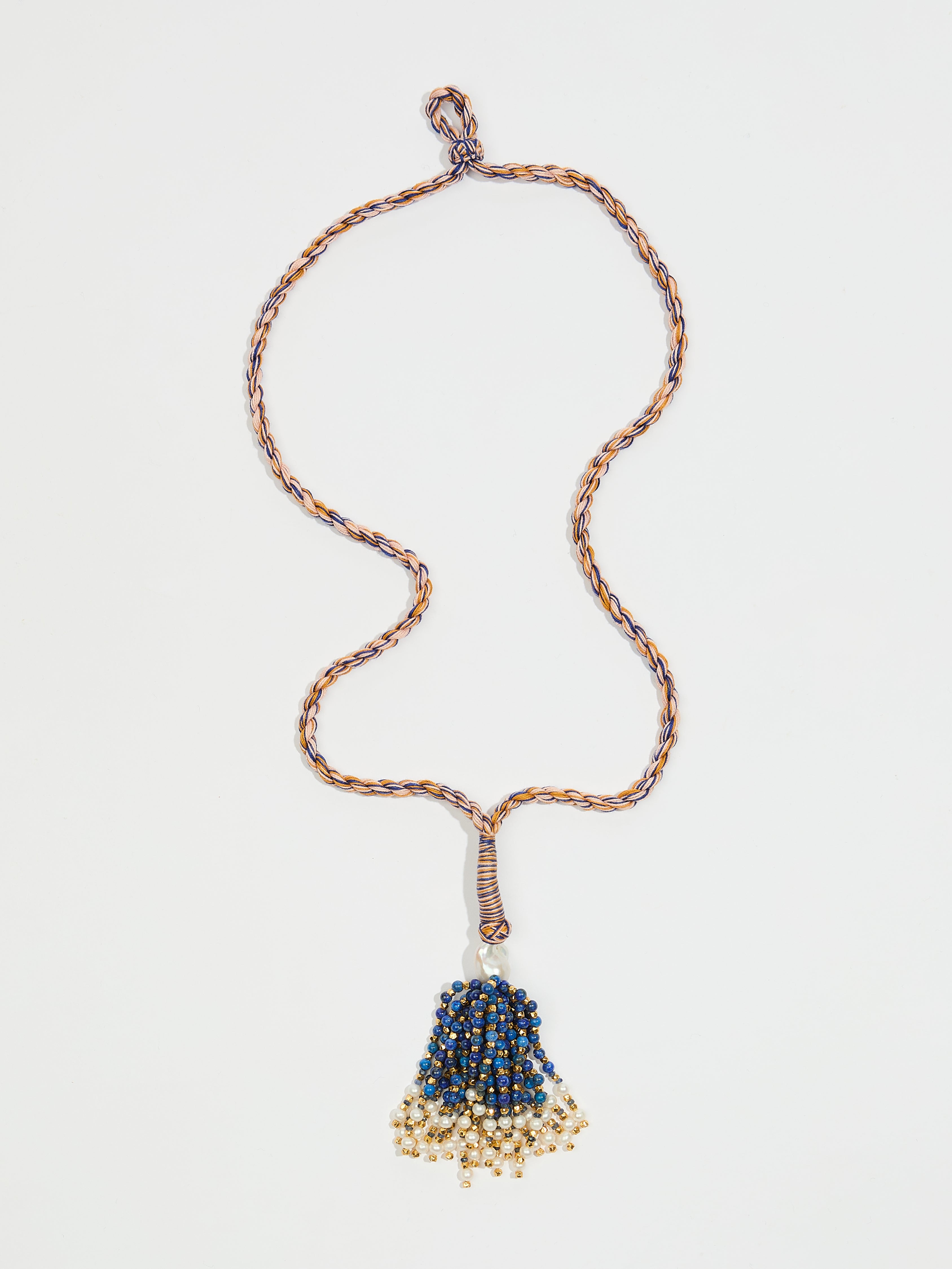 Collier sautoir Pompon en cordon coton perle fine lapis, perle de vermeil, perle d'eau douce et pierre précieuse saphir - bleu - Tamara Taichman