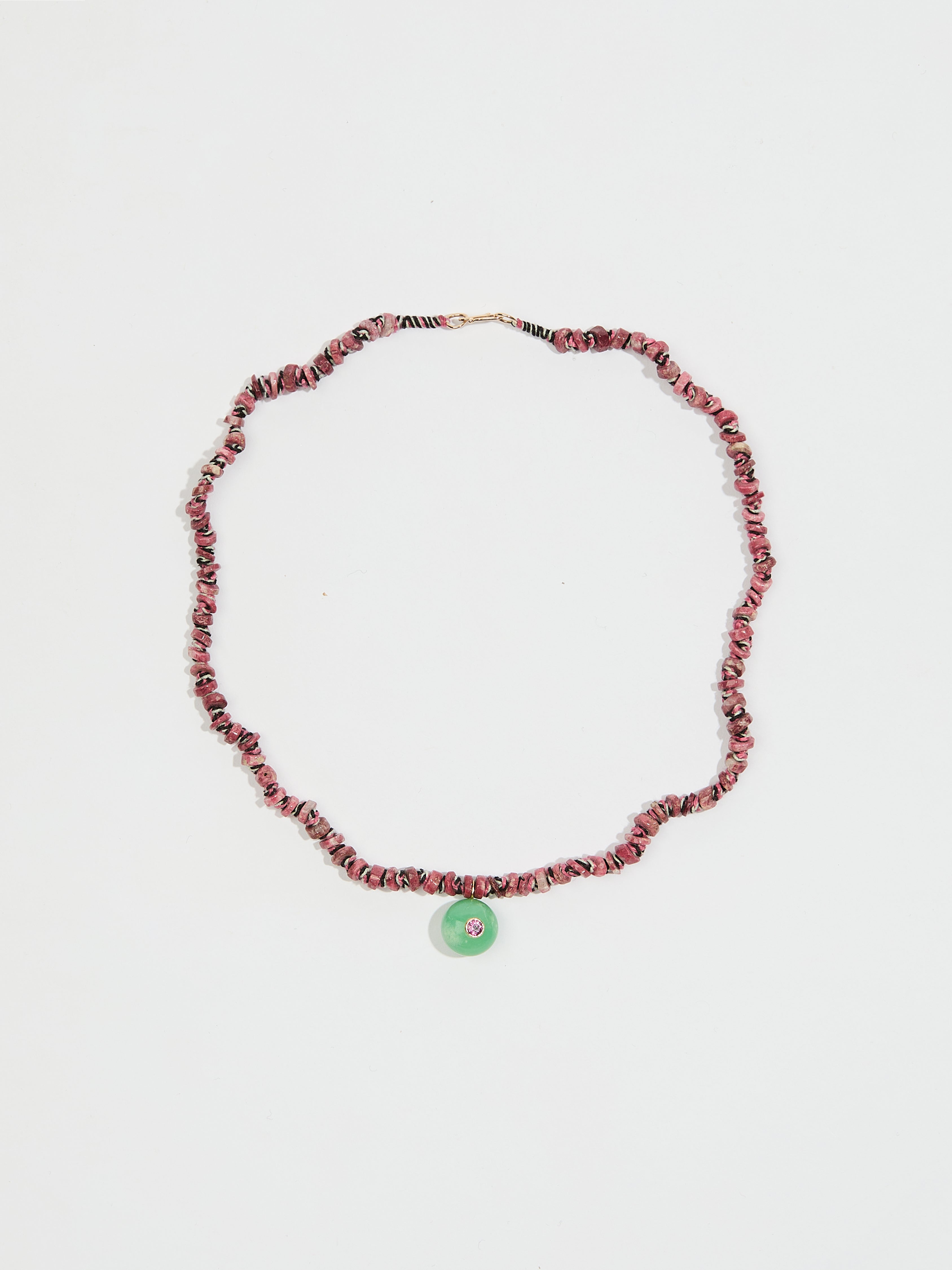 Collier Candy avec cordon en coton pierre fine thulite chrysoprase tourmaline et or 9k - rose et vert - Tamara Taichman
