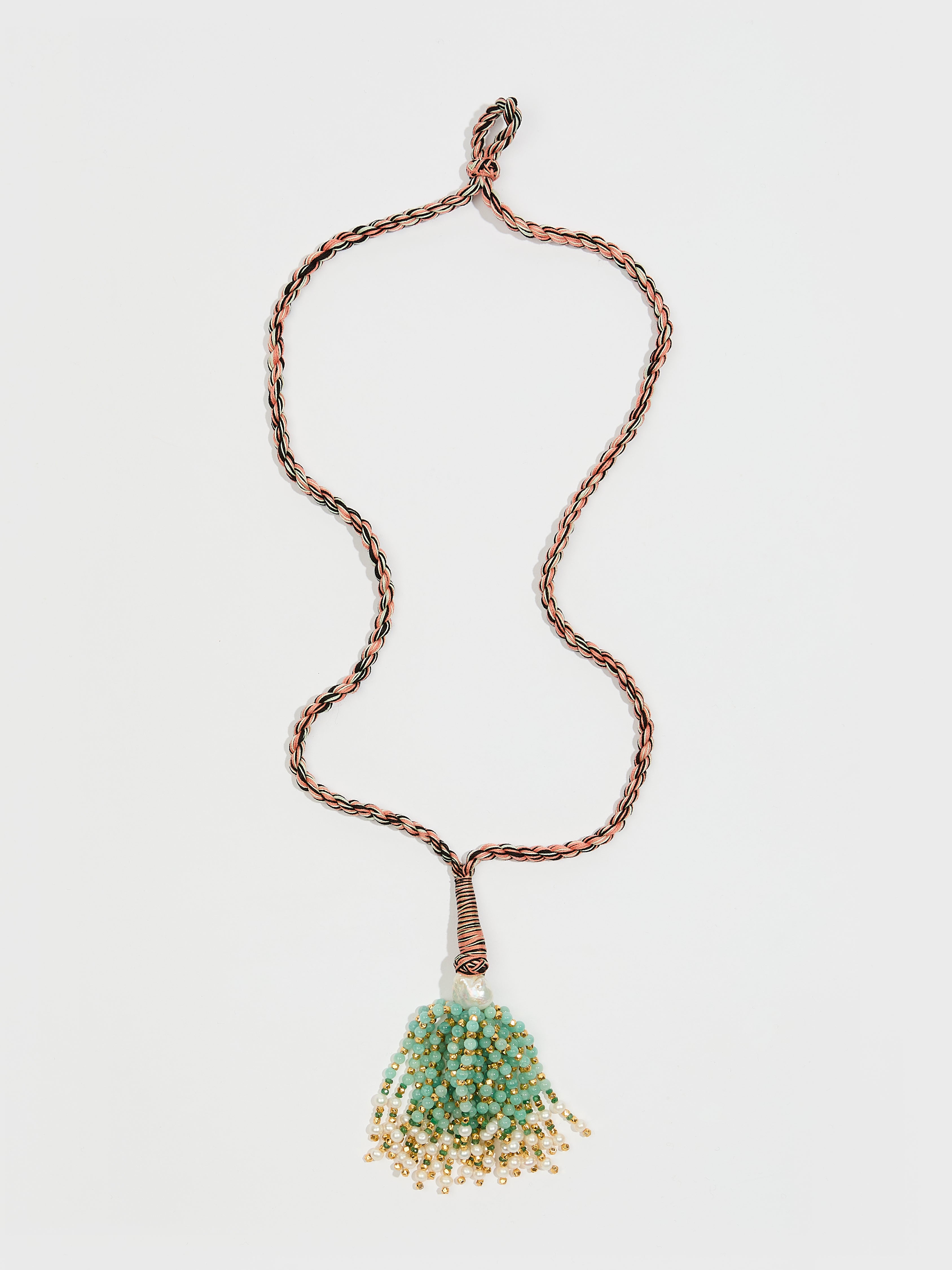 Collier sautoir Pompon en cordon coton perle fine amazonite, perle de vermeil, perle d'eau douce et pierre précieuse émeraude - vert - Tamara Taichman