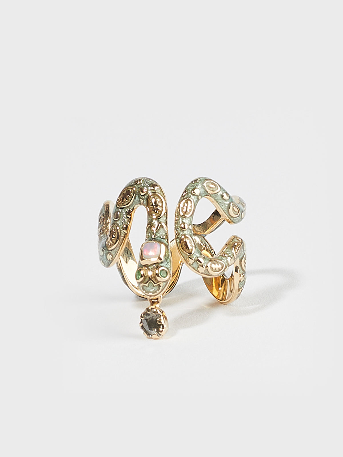 Bague Serpent en or 14k émail pierre fine opale et pierre précieuse émeraude et diamant - vert - Tamara Taichman