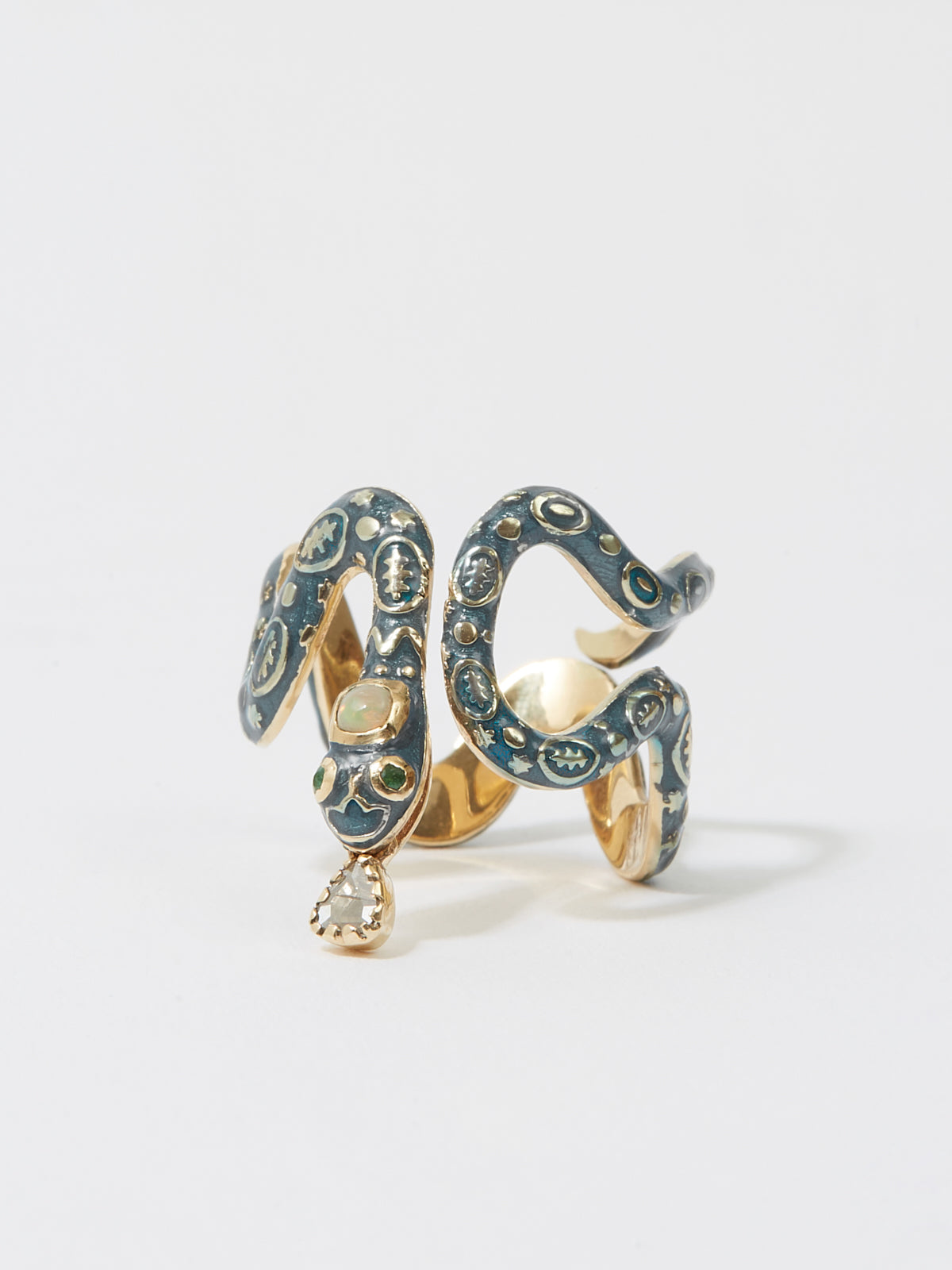 Bague Serpent en or 14k émail pierre fine opale et pierre précieuse émeraude et diamant - bleu - Tamara Taichman