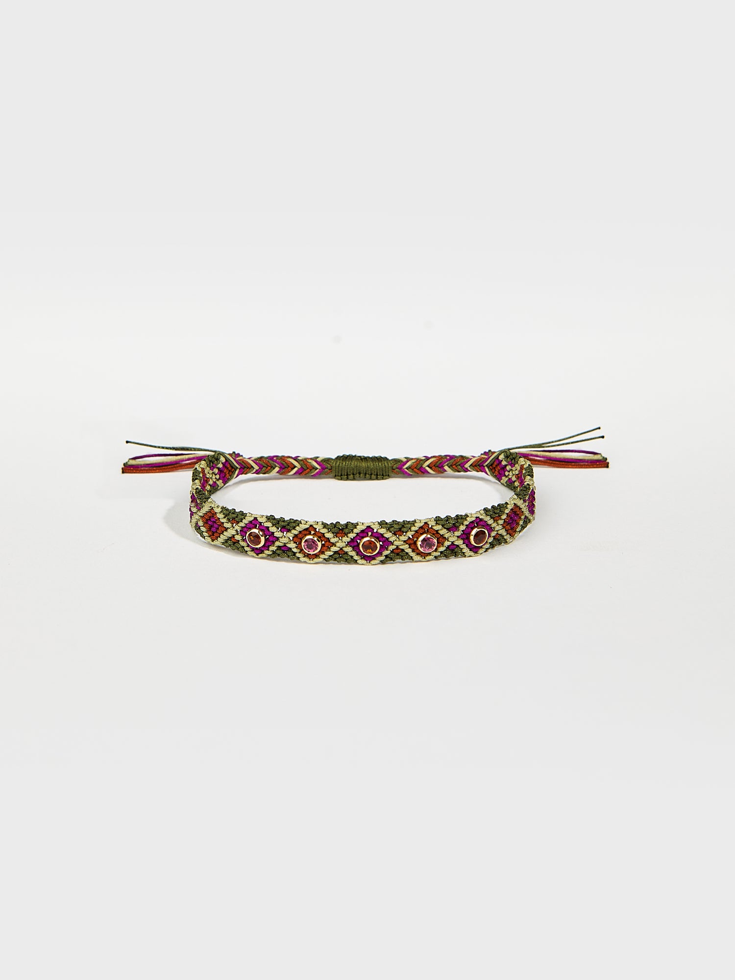 Bracelet Maya tissé nylon avec pierre fine tourmaline, pierre précieuse saphir et or 14k - kaki et rouge - Tamara Taichman