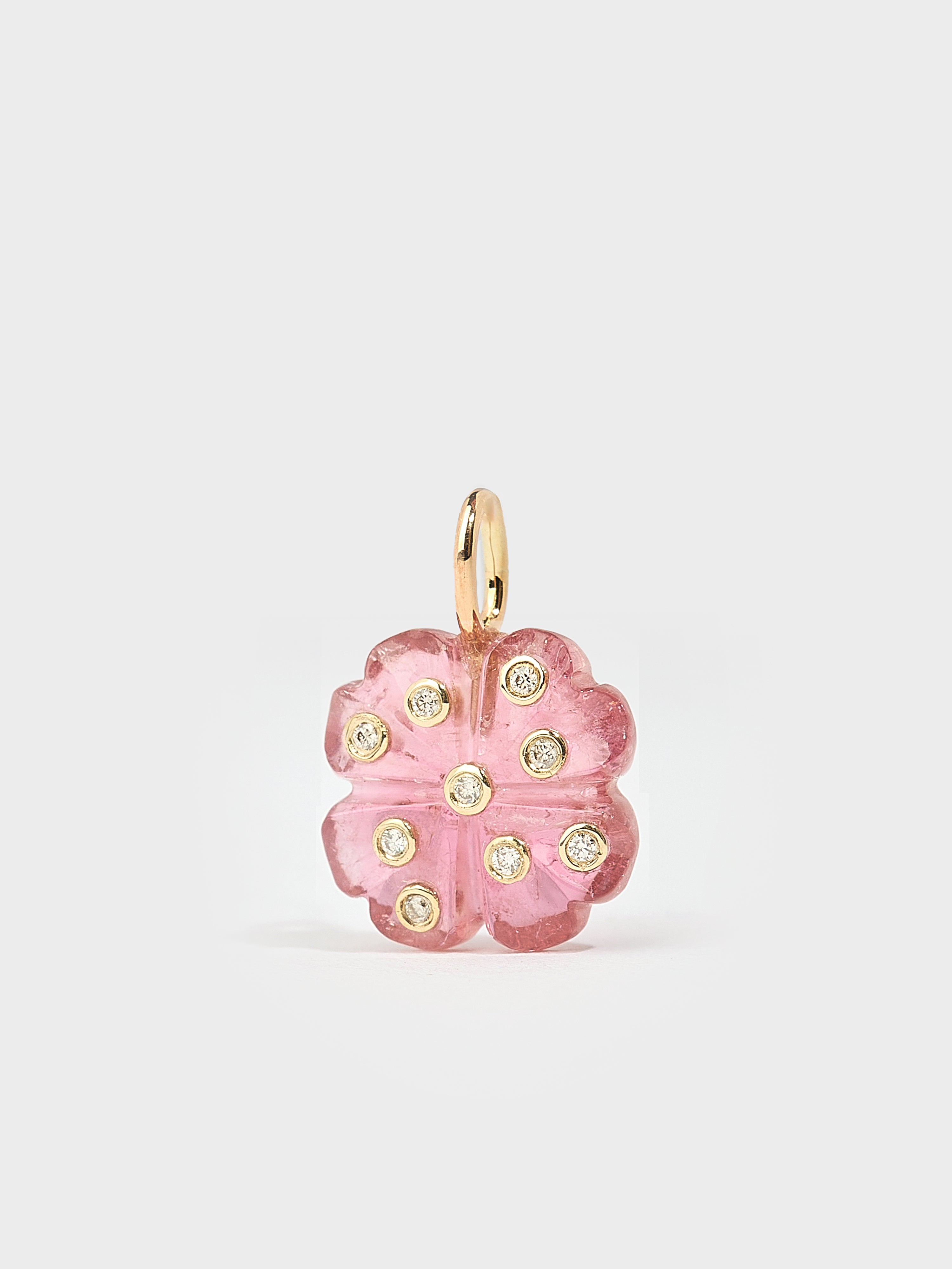 Pendentif trèfle en pierre fine tourmaline pierre précieuse diamant et or 9k - rose - Tamara Taichman