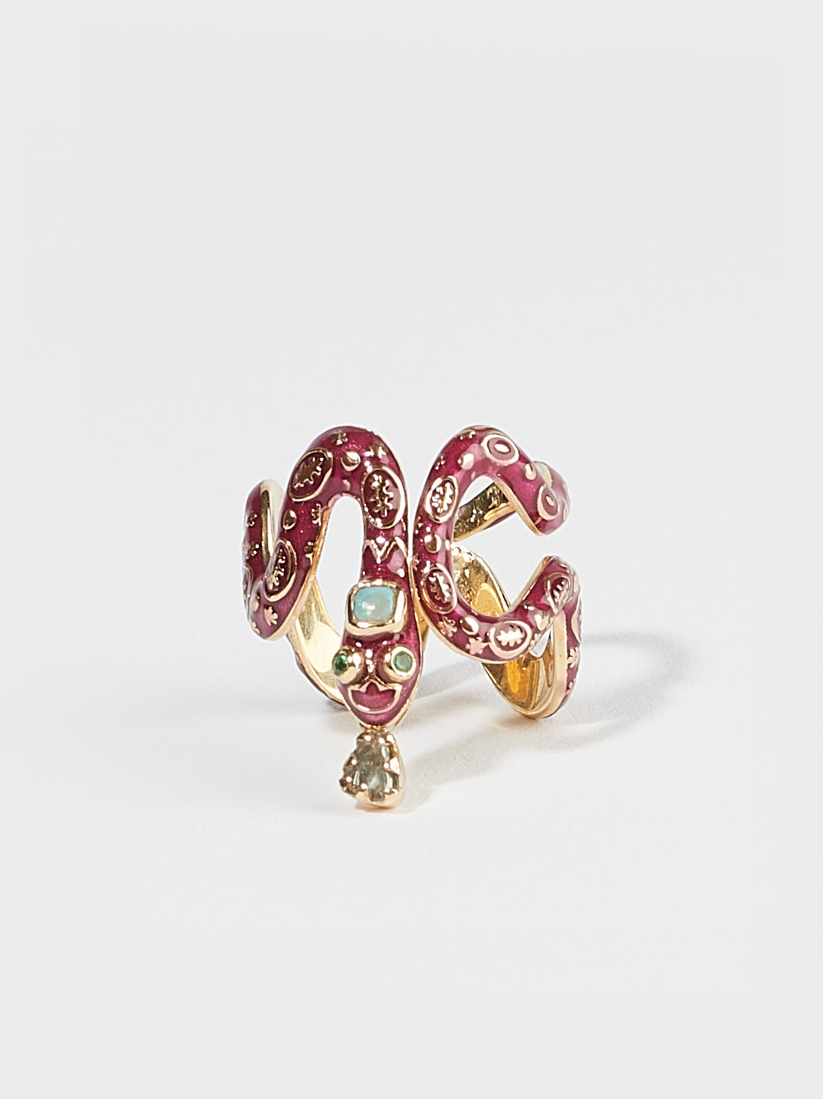 Bague Serpent en or 14k émail pierre fine opale et pierre précieuse émeraude et diamant - rose - Tamara Taichman