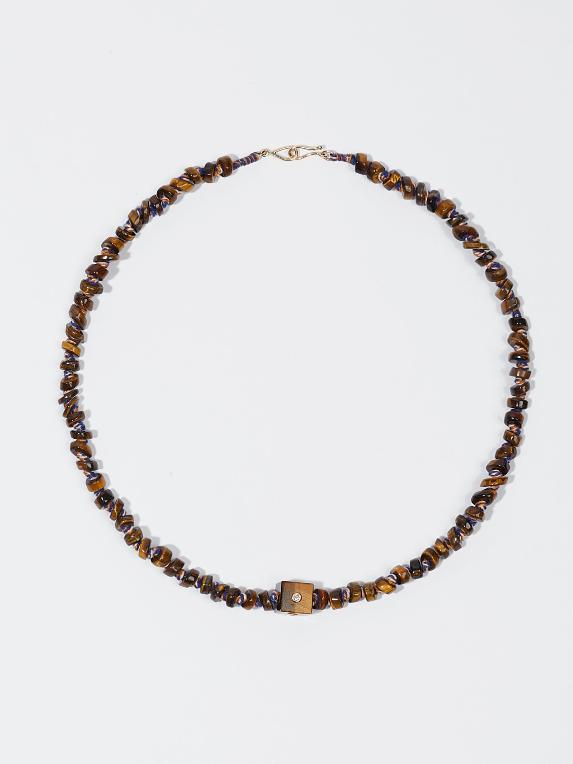 Collier Cubix avec cordon coton en pierre fine oeil de tigre pierre précieuse diamant et or 9k - marron - Tamara Taichman