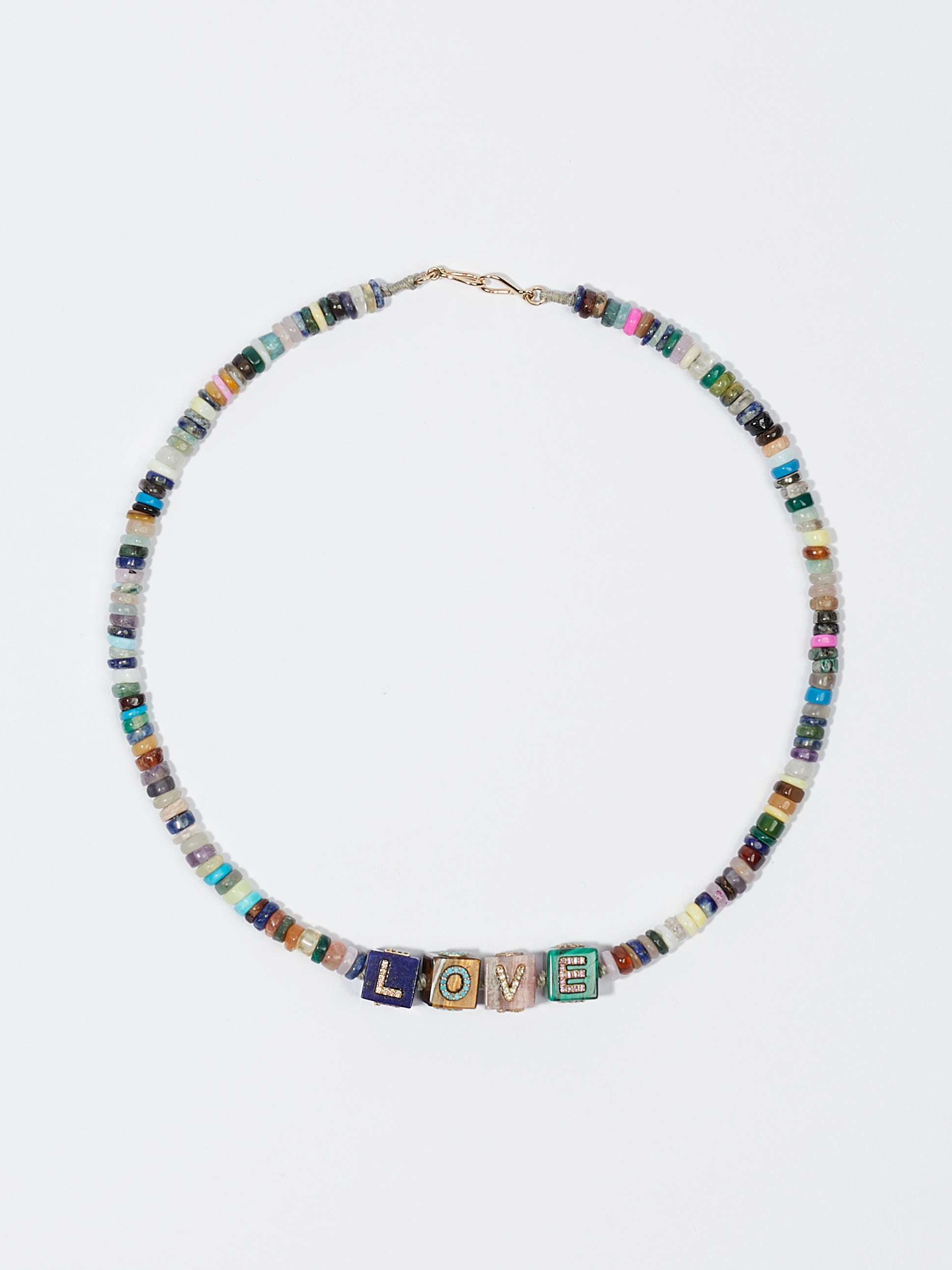 Collier Cubix LOVE en perle de pierre fine lapis oeil de tigre rhodochrosite malachite turquoise peridot tourmaline et pierre précieuse saphir et or 9k - multicolor - Tamara Taichman