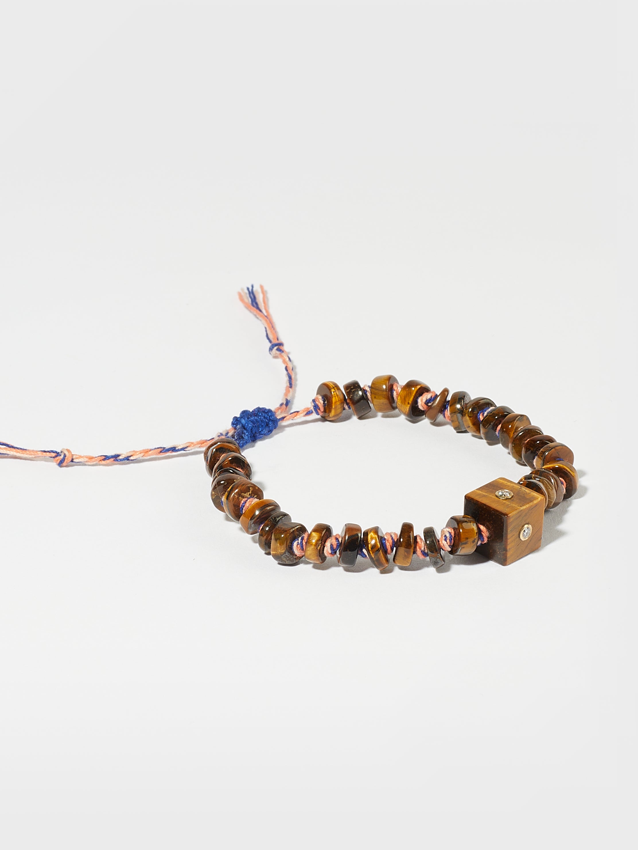 Bracelet Cubix cordon en coton, pierre fine oeil de tigre serti pierre précieuse diamant et or 9k - marron - Tamara Taichman