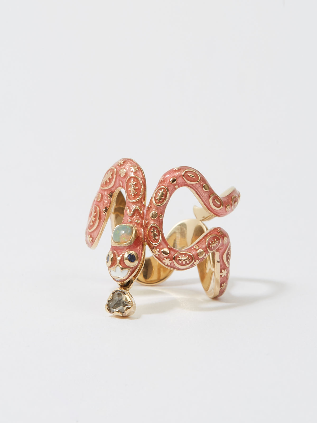 Bague Serpent Eve en or 14k émail pierre fine opale et pierre précieuse émeraude et diamant - rose - Tamara Taichman