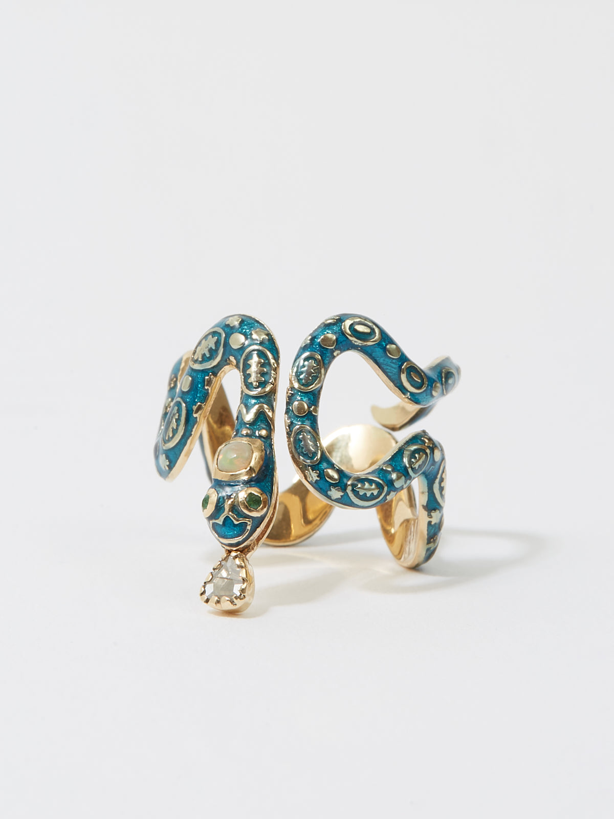 Bague Serpent Eve en or 14k émail pierre fine opale et pierre précieuse émeraude et diamant - bleu - Tamara Taichman