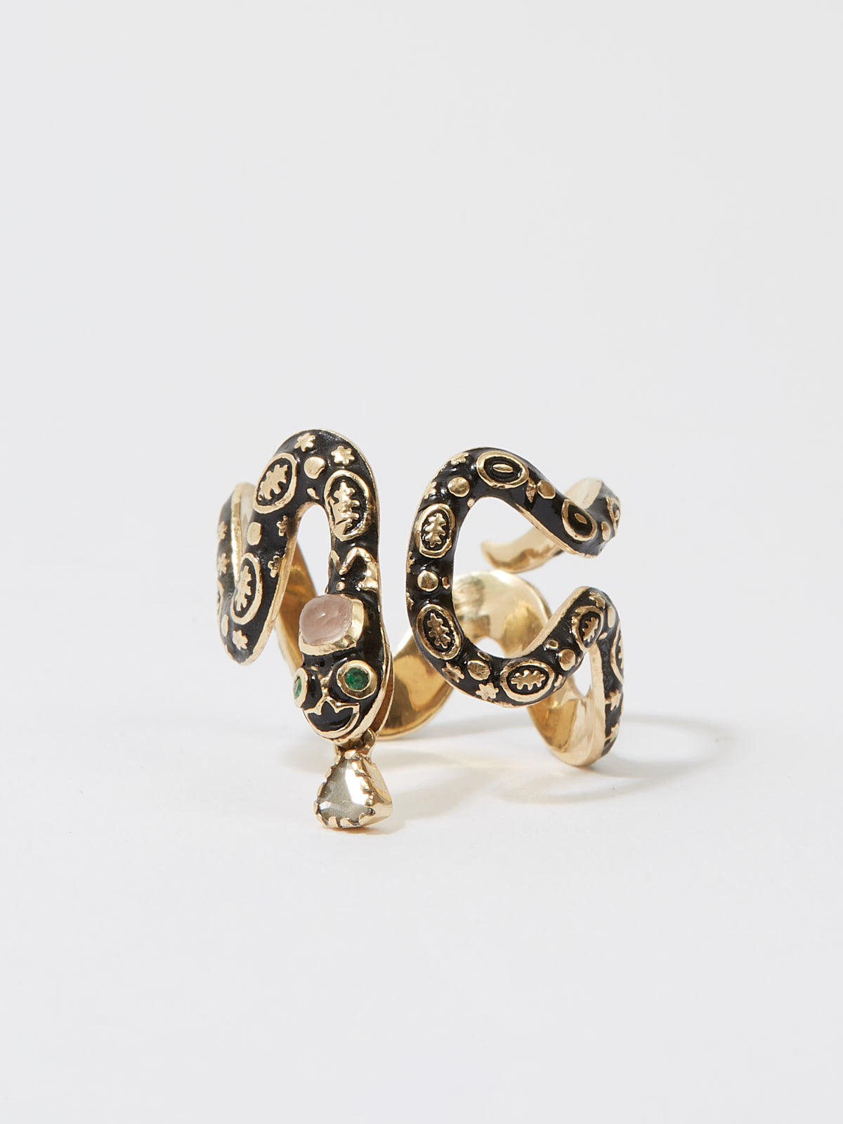 Bague Serpent Eve en or 14k émail pierre fine morganite et pierre précieuse émeraude et diamant - noir - Tamara Taichman
