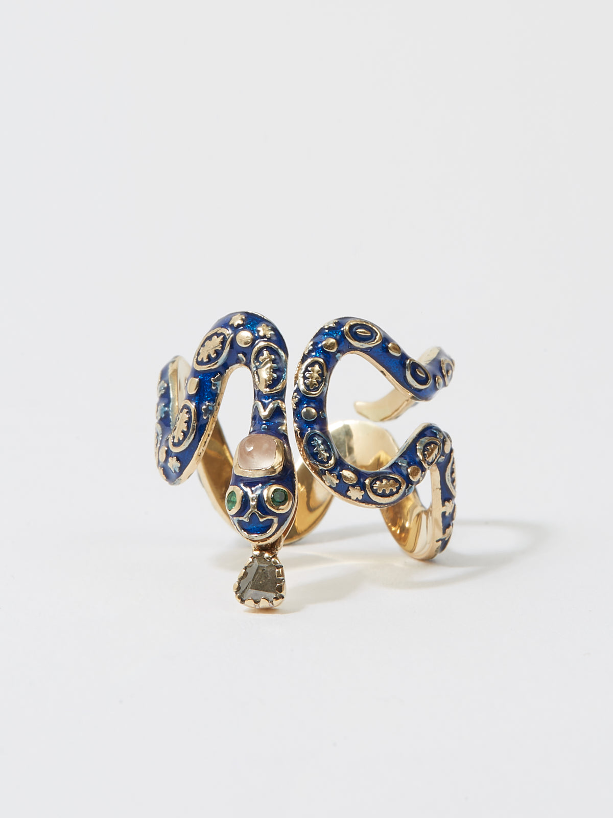 Bague Serpent Eve en or 14k émail pierre fine quartz et pierre précieuse émeraude et diamant - bleu - Tamara Taichman