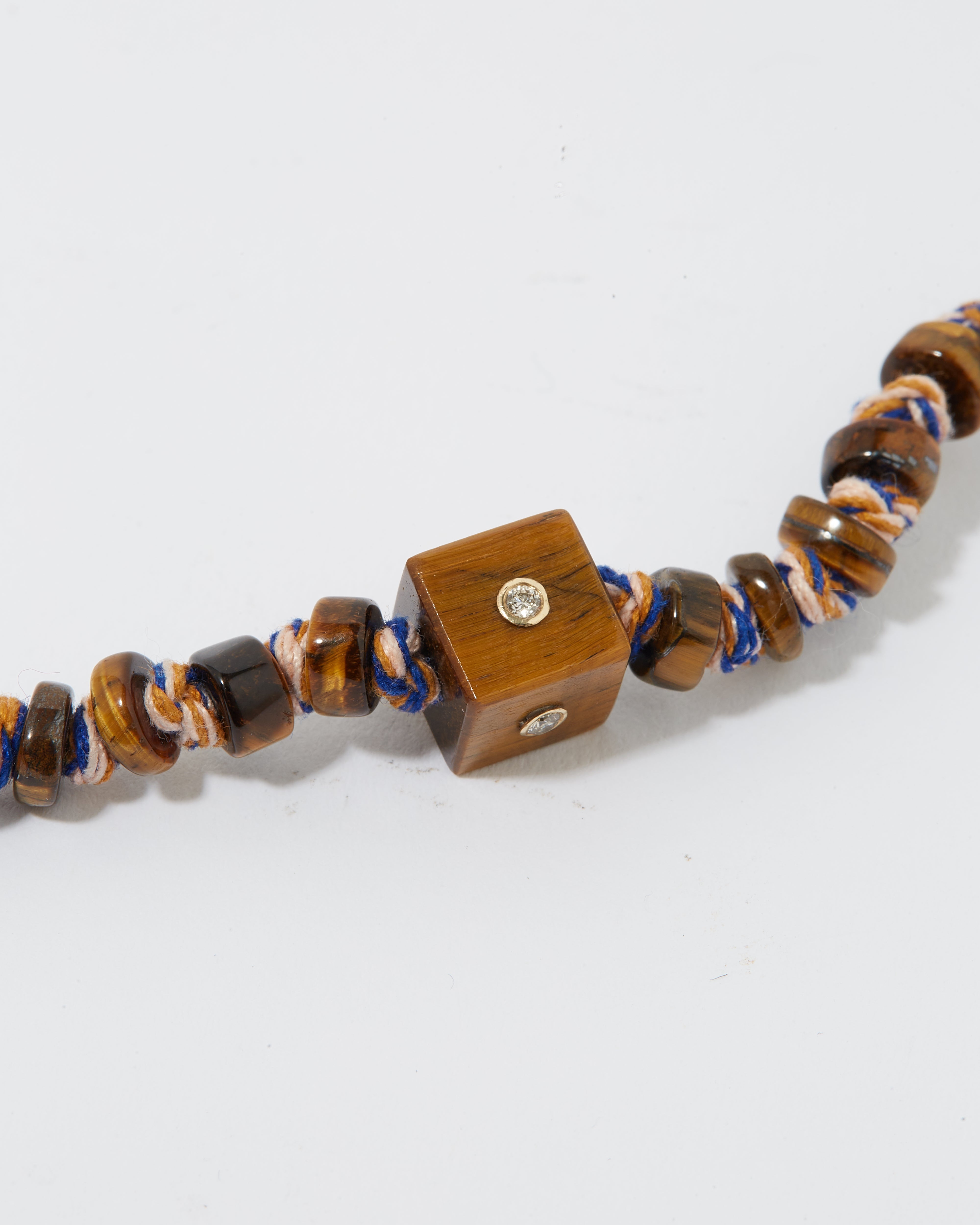 Collier Cubix avec cordon coton en pierre fine oeil de tigre pierre précieuse diamant et or 9k - marron - Tamara Taichman