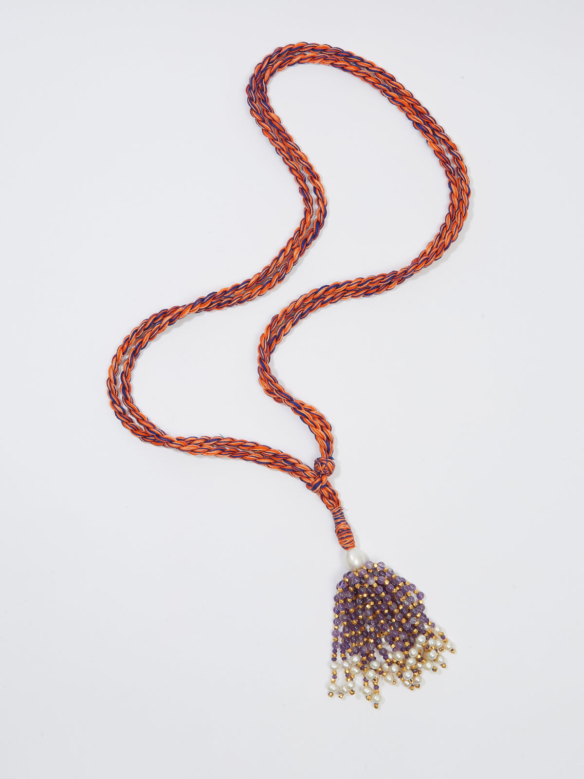 Collier sautoir Pompon en cordon coton perle fine améthyste, perle de vermeil, perle d'eau douce - violet - Tamara Taichman